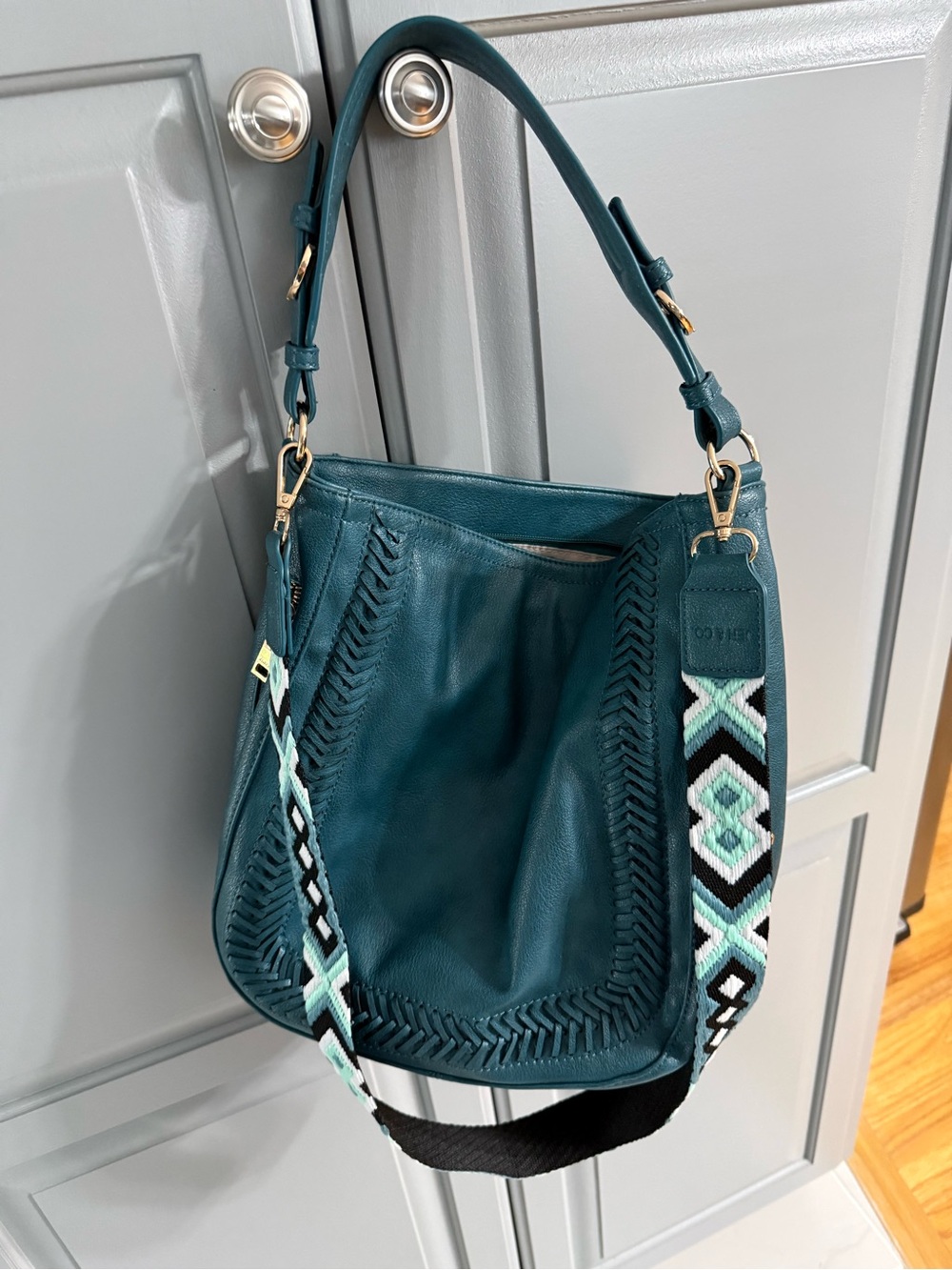 Teal Leather Hobo Crossbody with Patterned Detachable Strap